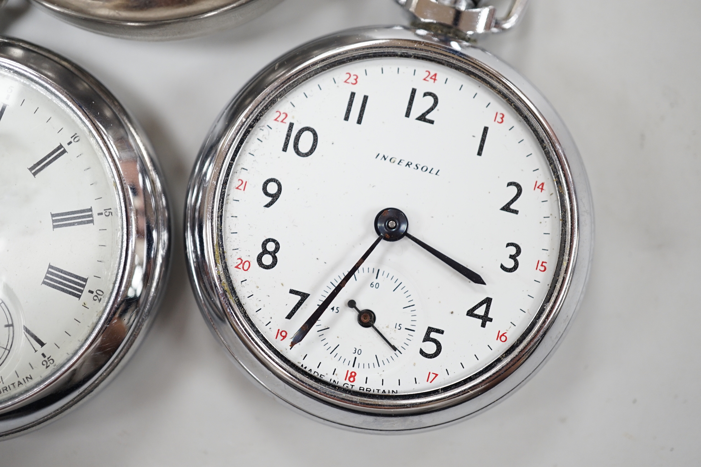 Ten assorted base metal pocket watches including Ingersoll football related, Smiths and Smiths Empire etc.
